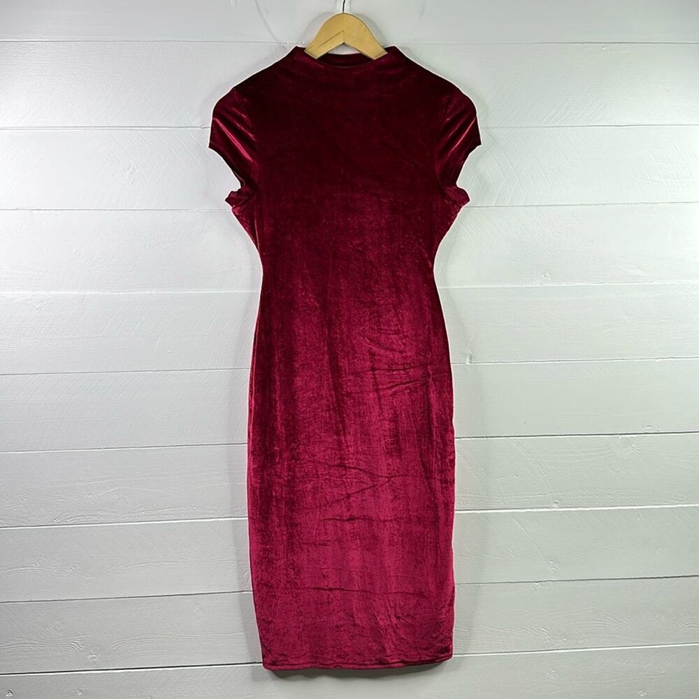 UNIQUE VINTAGE Burgundy Velvet Cap Sleeve Mock Neck Bodycon‎ Midi Dress Small